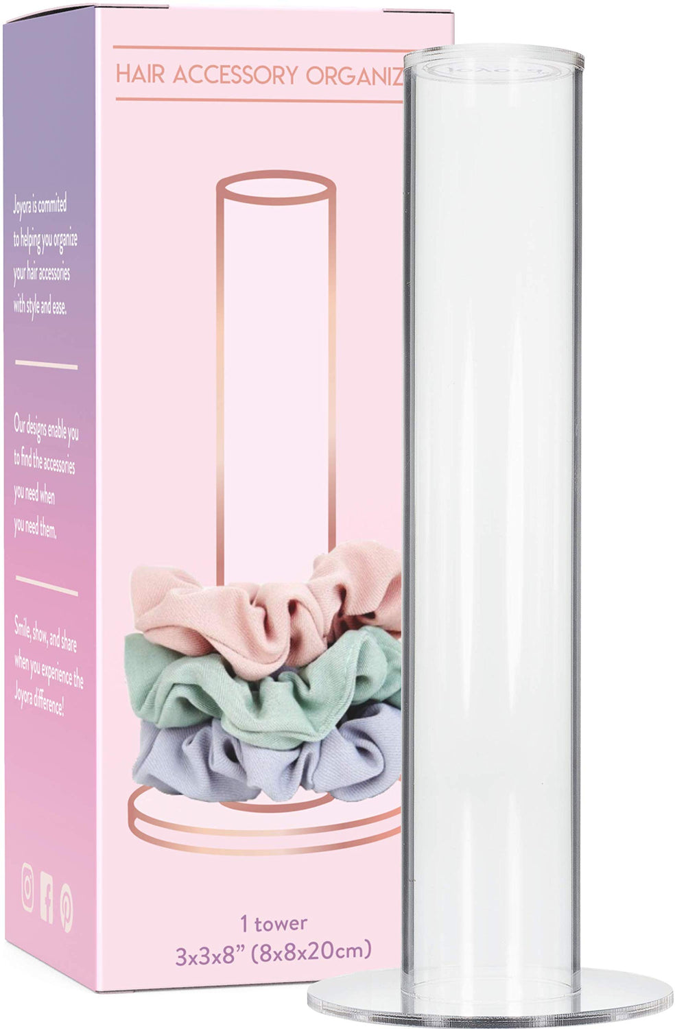 JOYORA Clear Acrylic Scrunchie Holder Stand displays organized scrunchies for quick daily styling