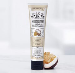 J.R. Watkins Hand Cream Coconut apply-action demonstrates convenient hand nourishment.