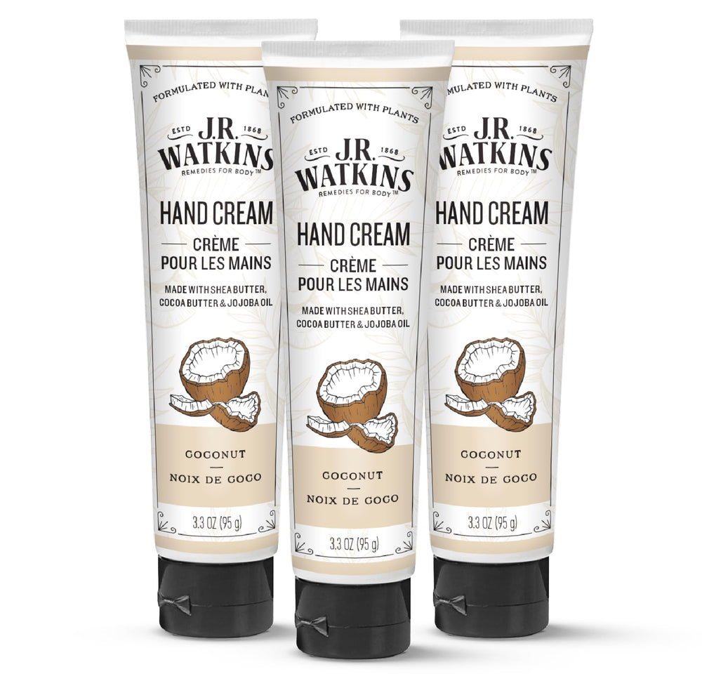 J.R. Watkins Natural Hand Cream coconut tube delivering rich hydration for soft hands