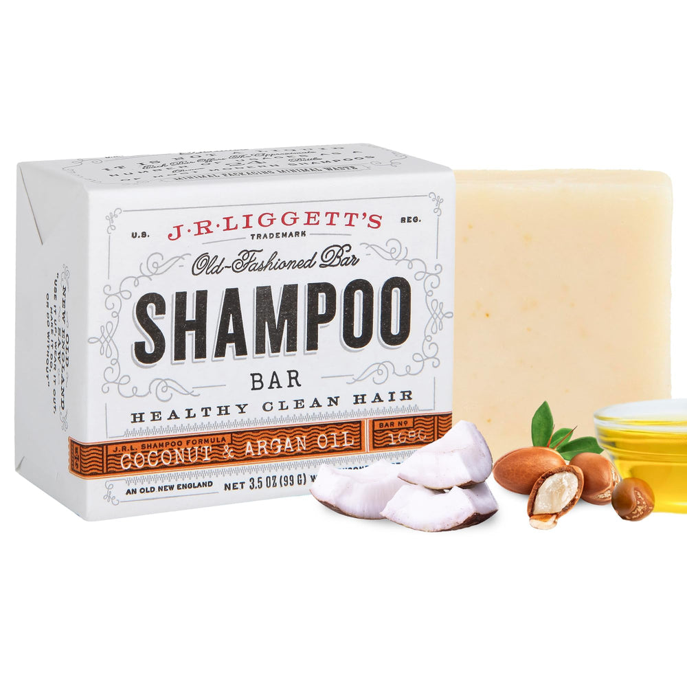 J.R.LIGGETT'S coconut-argan-shampoo-bar front view shows natural cleansing for healthier-looking hair.