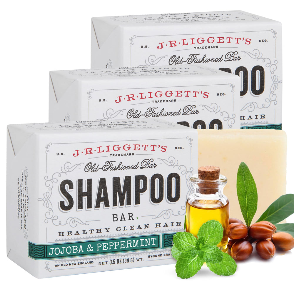 J.R.LIGGETT'S shampoo bar jojoba oil peppermint closeup shows nourishing formula for balanced scalp