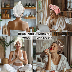 Jseng hair towel cap worn-fit showing lightweight, breathable design for all day wear.
