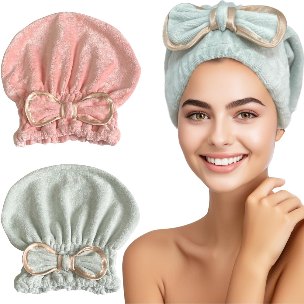 Jseng microfiber hair towel cap bow design keeps hair secure during drying.