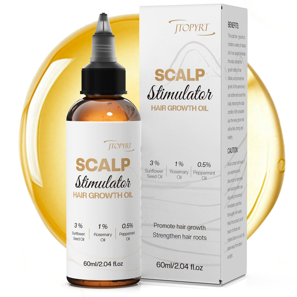 Jtopyrt scalp stimulator bottle close-up shows targeted thinning-area care.