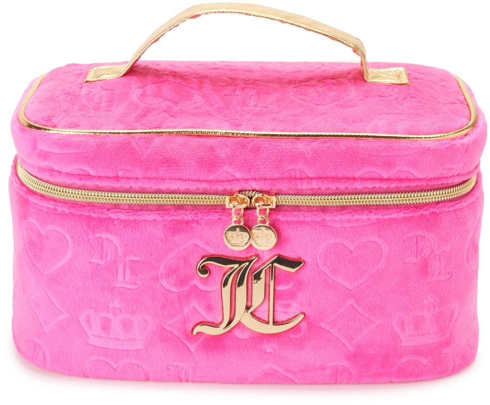 Juicy Couture hot pink makeup bag front view for chic travel organization.