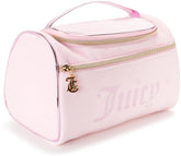 Juicy Couture pink makeup bag outside view shows chic velour finish for travel organization.