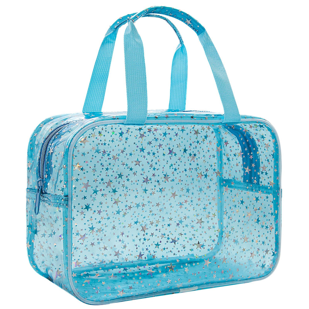 Junesters Clear Blue Star makeup bag shows transparent design and ample 12x5x8-inch capacity for travel.