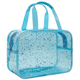 Junesters Clear Blue Star makeup bag shows transparent design and ample 12x5x8-inch capacity for travel.