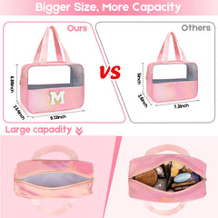 Junesters pink clear bag close-up highlights personalized, stylish chenille patch detail.