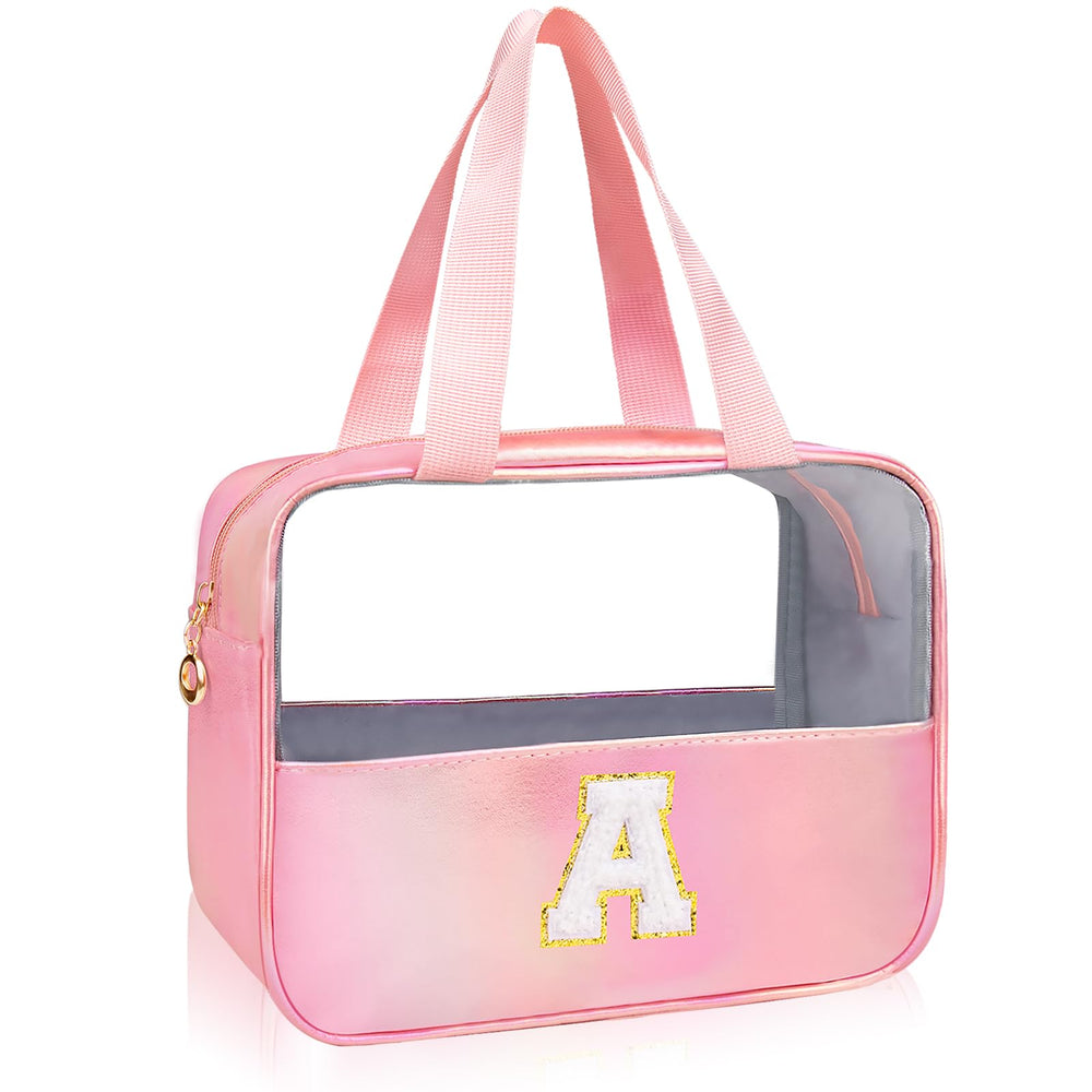 Junesters initial clear makeup bag pink exterior with visible cosmetics for quick organization.