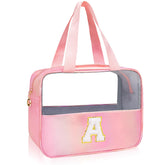 Junesters initial clear makeup bag pink exterior with visible cosmetics for quick organization.