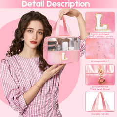 Junesters pink clear makeup bag waterproof PU leather withstands daily travel wear.
