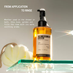 JUNO & Co. Body Oil Rinse shower lather releases florals and amber musk for a soothing ritual