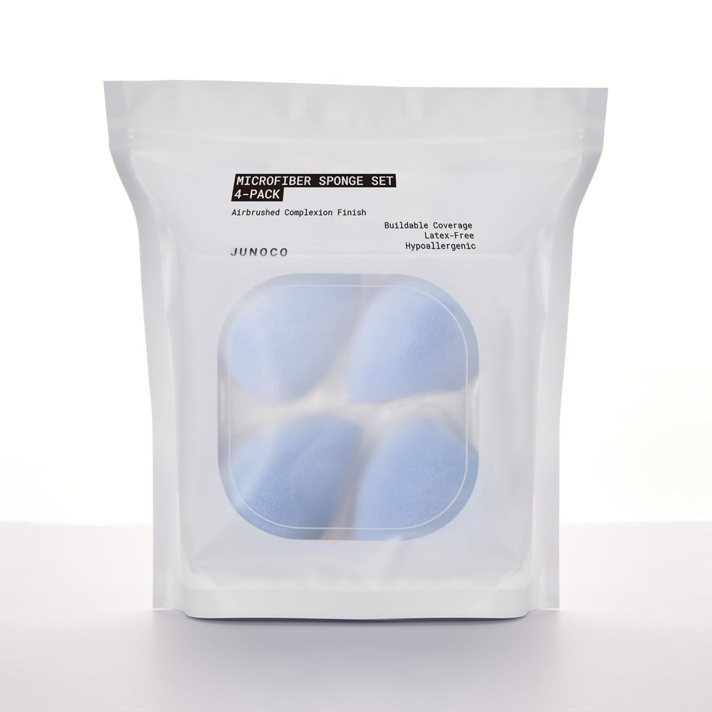JUNO & Co. Microfiber sponge set laid flat for four-pack viewing, suggesting easy routine integration.