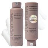 Jupiter Balancing Shampoo bottle pour demonstrates gentle cleansing for scalp comfort.