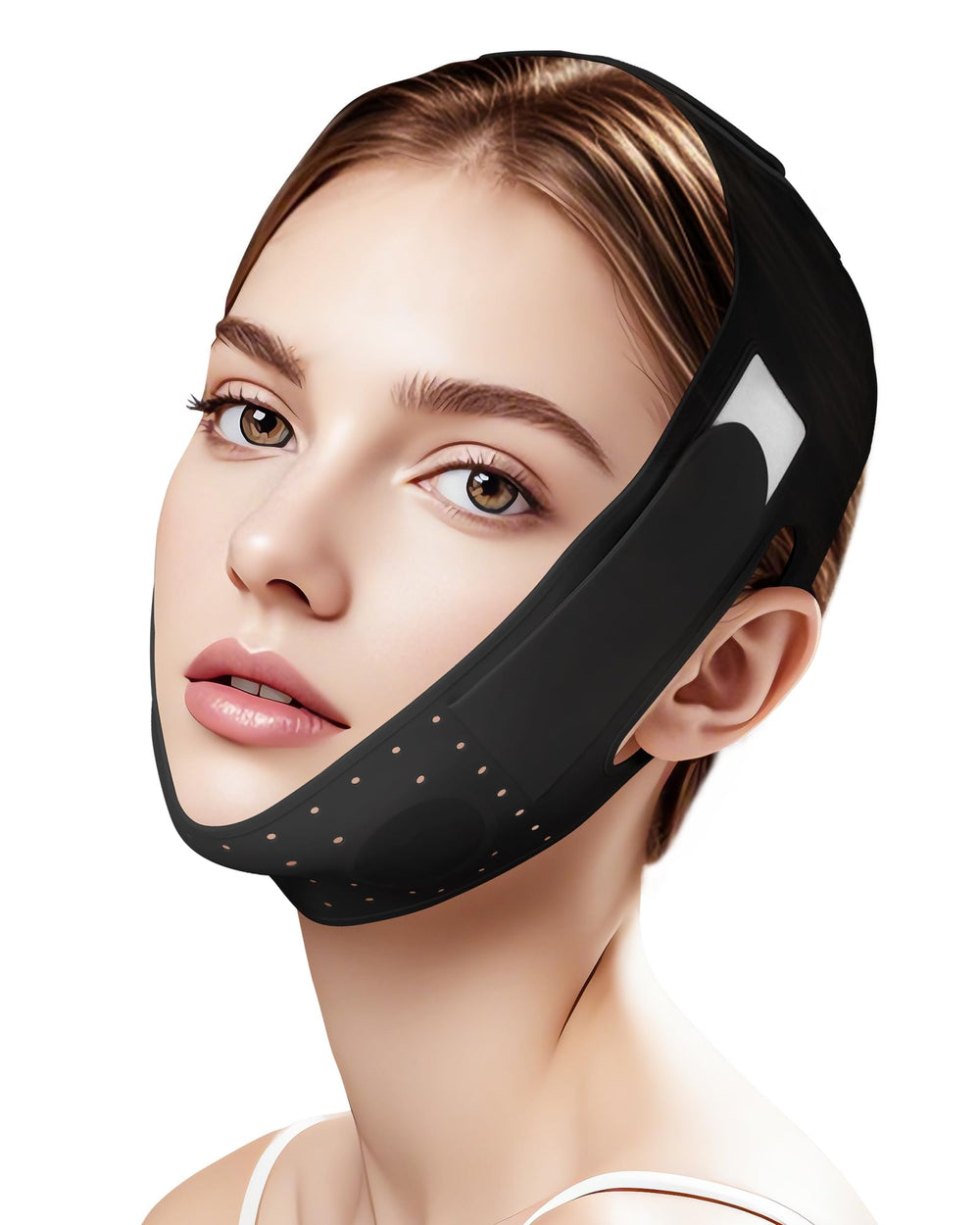 JUSMORE V-Line Sculpting mask close-up shows a sharper jawline contour.