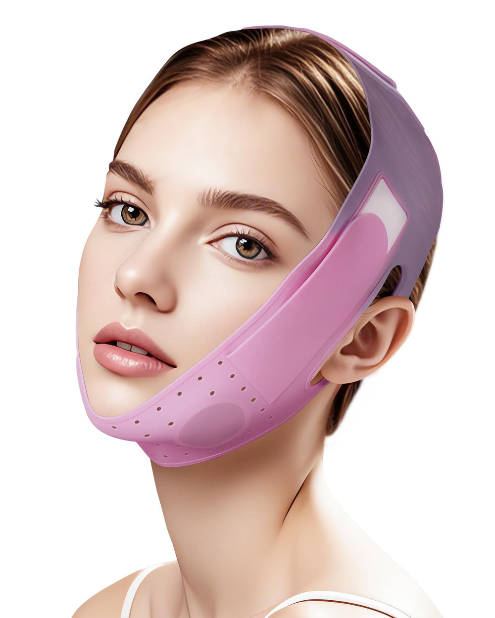 JUSMORE V-Line sculpting mask close-up showing jawline lift for a defined profile