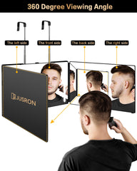 JUSRON 360° viewing angle mirror side view highlights full head angles for precise styling