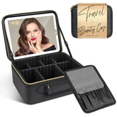 JUSRON travel makeup bag with LED mirror offers on-the-go touch-ups with a stylish waterproof PU exterior protection.