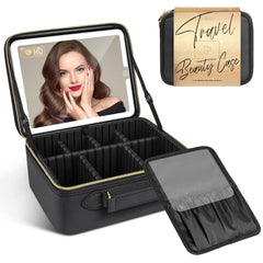 JUSRON travel makeup bag with LED mirror offers on-the-go touch-ups with a stylish waterproof PU exterior protection.