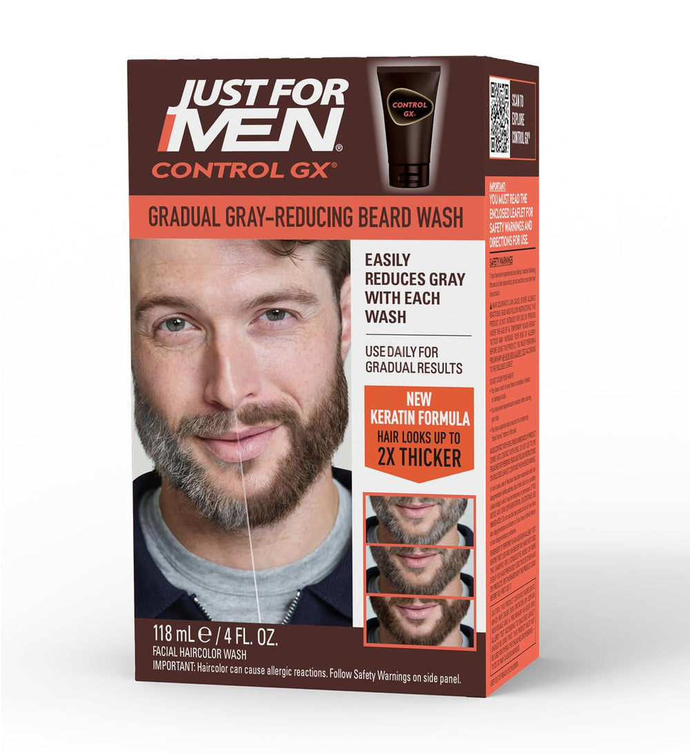 Just for Men Control GX beard wash bottle shows keratin for a thicker look.