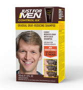 Just for Men Control GX shampoo bottle showing gradual grey reduction for lighter hair.