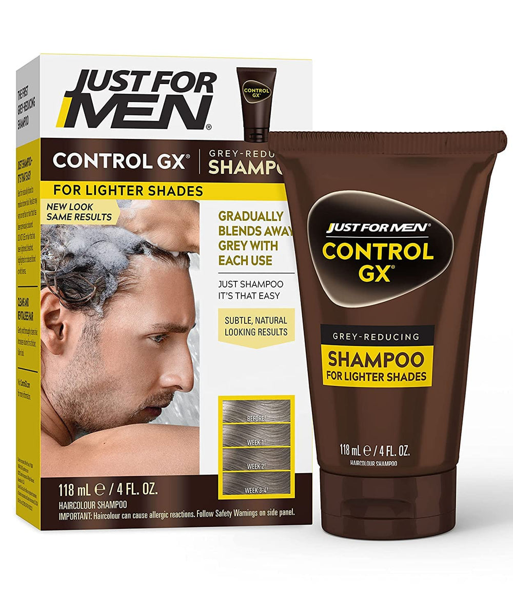 Just for Men Control GX shampoo bottle highlights gradual grey reduction for daily care.