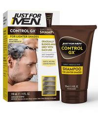 Just for Men Control GX shampoo bottle highlights gradual grey reduction for daily care.