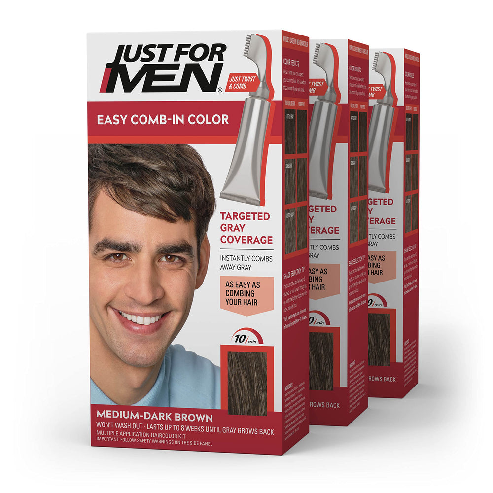 Just For Men Easy Comb-In Color setup shows comb applicator ready for quick gray coverage.