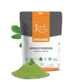 Just Jaivik Indigo powder packaging shows chemical-free natural hair color option.