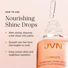JVN Complete Nourishing Shine Drops frizz-control closeup reveals smoother hair texture.