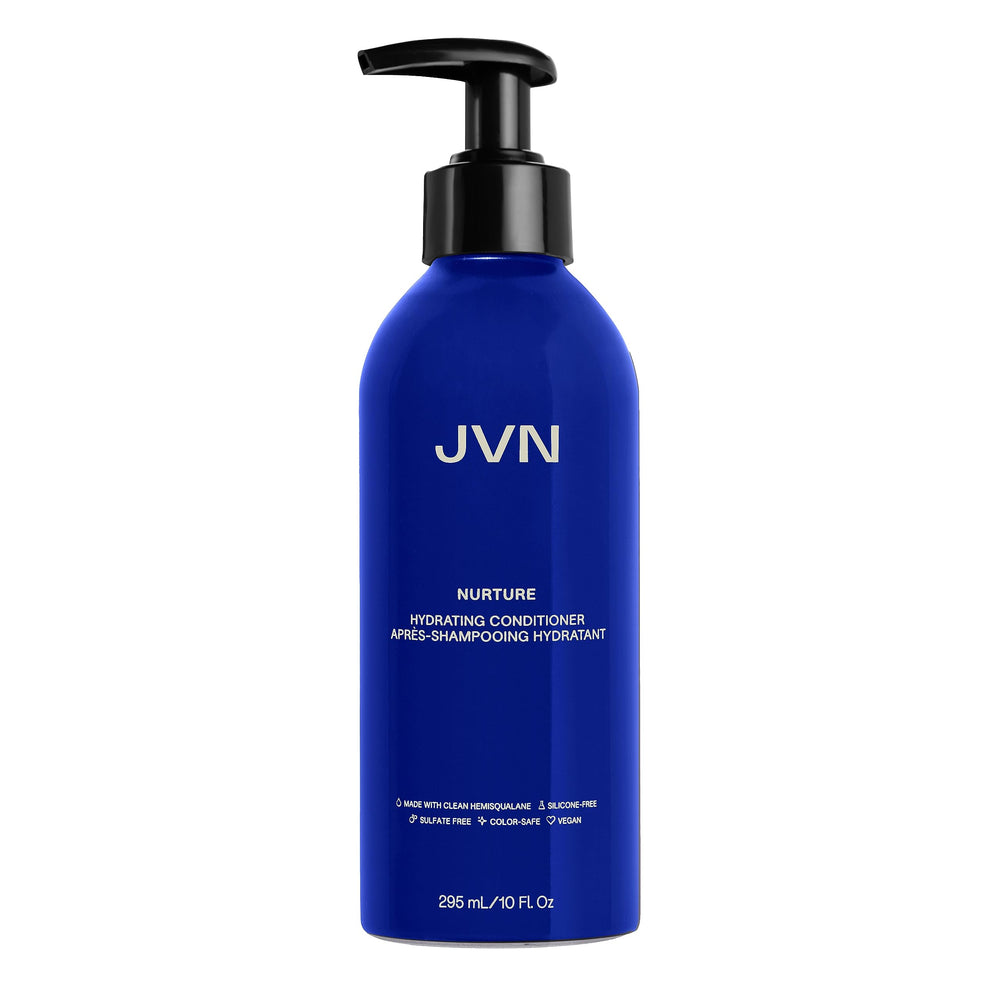 JVN Nurture Hydrating Conditioner bottle close-up showing silicone-free hydration for daily nourishment.