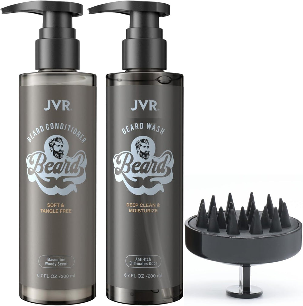 JVR beard wash bottle pour demonstrates easy cleansing for a refreshed beard.
