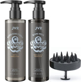 JVR beard wash bottle pour demonstrates easy cleansing for a refreshed beard.
