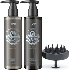 JVR beard wash bottle pour demonstrates easy cleansing for a refreshed beard.