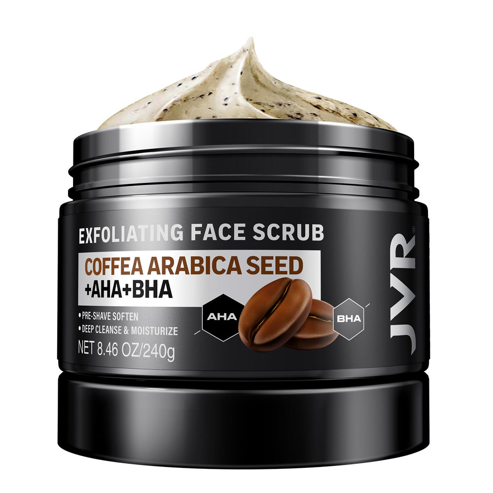 JVR Face Scrub for Men tub close-up showing coffee exfoliation for deep cleansing.