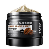 JVR Face Scrub for Men tub close-up showing coffee exfoliation for deep cleansing.