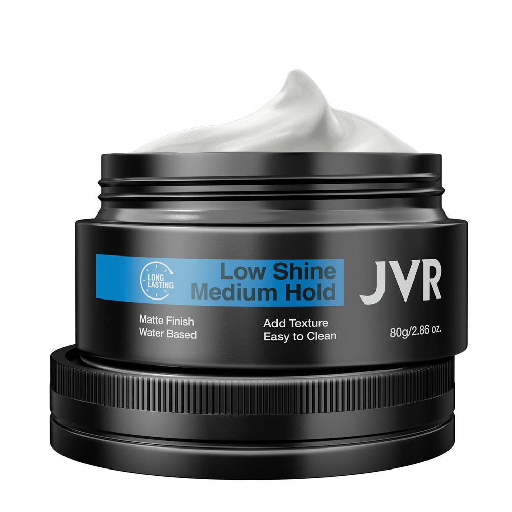 JVR Hair Clay packaging closeup highlights natural ingredients and easy wash-out.