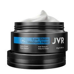 JVR Hair Clay packaging closeup highlights natural ingredients and easy wash-out.