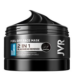JVR Peel Off Face Mask bottle demonstrates charcoal formula for deep cleansing and pore purification.