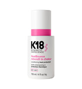 K18 HeatBounce bottle demonstrates lightweight leave-in protection and detangling.