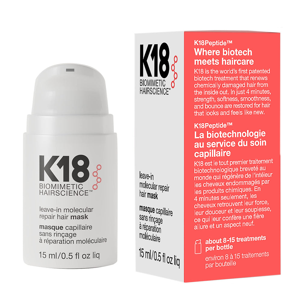 K18 Mini leave-in bottle-front shows compact packaging for quick hair repair.