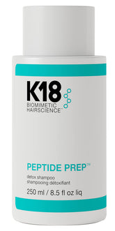 K18 PEPTIDE PREP Detox bottle front showing color-safe cleansing for clarified hair.