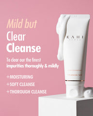 KAHI Cream Foaming Cleanser foam closeup shows whipped-cream texture for gentle cleansing.