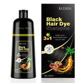 KAISASA Black Hair Dye Shampoo bottle application demonstrates quick 3-in-1 color, cleanse, and conditioning.