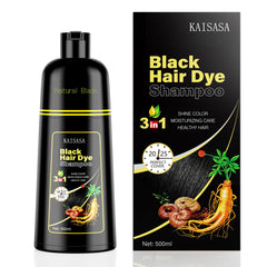 KAISASA Black Hair Dye Shampoo bottle application demonstrates quick 3-in-1 color, cleanse, and conditioning.