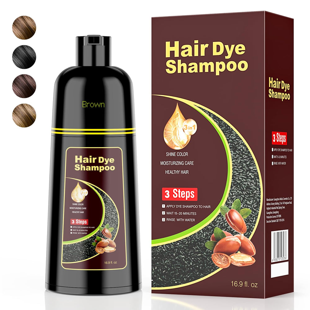 KAISASA Brown Hair Dye Shampoo bottle demonstrates 3-in-1 color, cleansing, and gray hair coverage