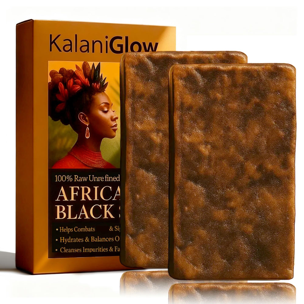 Kalani Glow African Black Soap bar close-up showing natural texture for gentle cleansing.