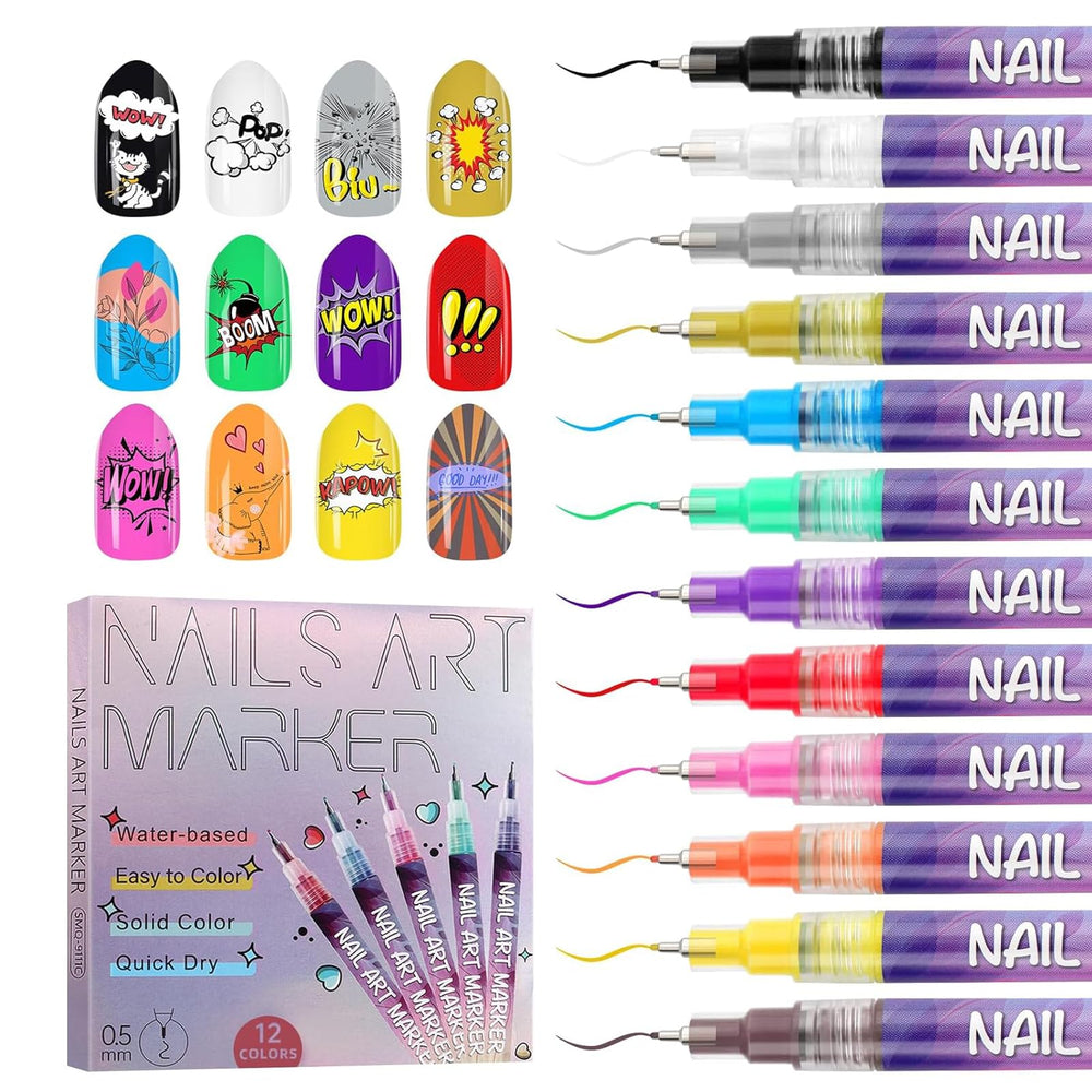 Kalolary 12-color nail-art pen set swatches vibrant shades for DIY nails.