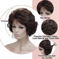 Kalyss dark brown short wavy wig with bangs demonstrates ready-to-wear convenience and movement